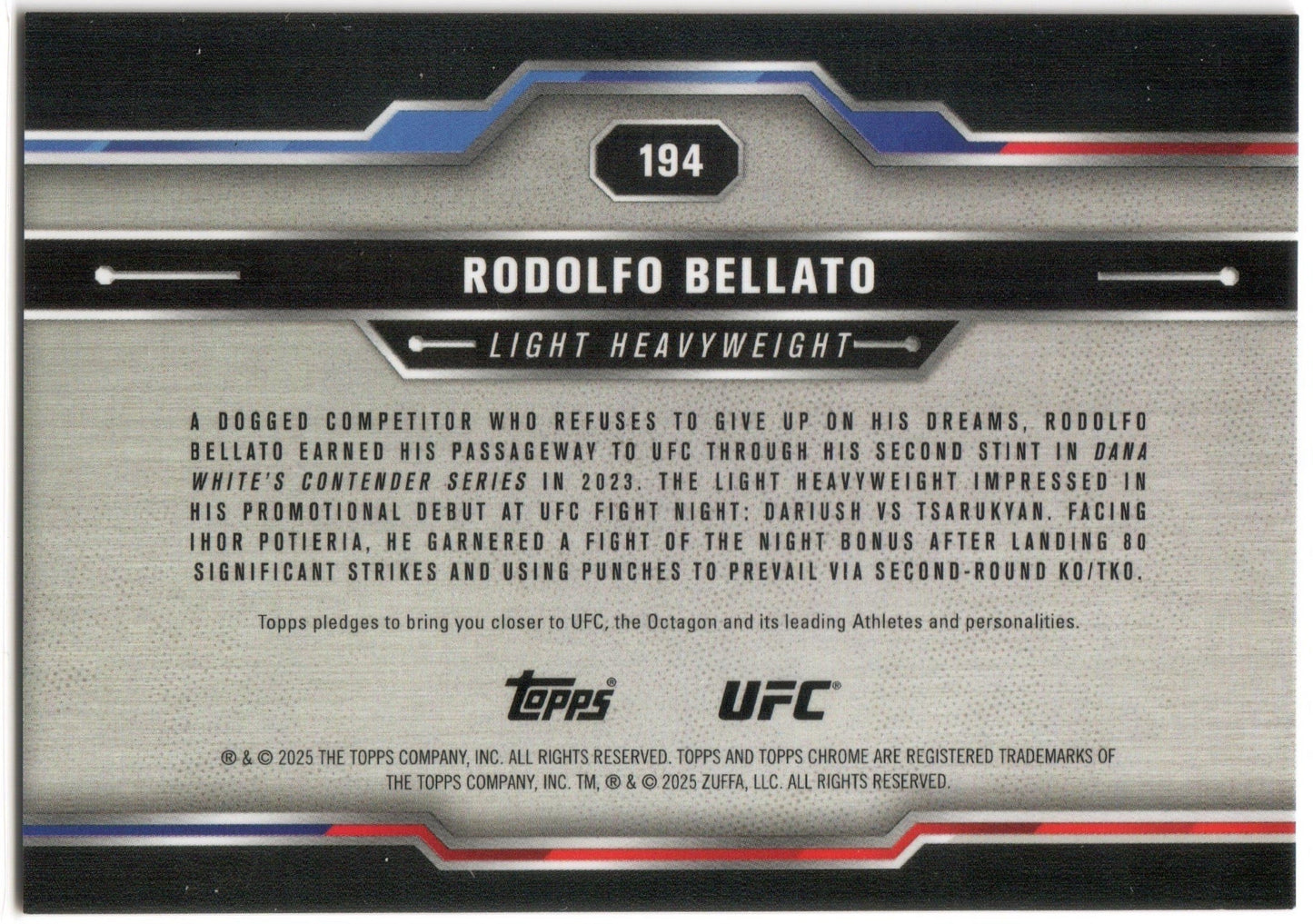 UFC - 2025 Topps Chrome - Rodolfo Bellato - ROOKIE SERIALIZED (7/10) Red Wave - #194 - Mint