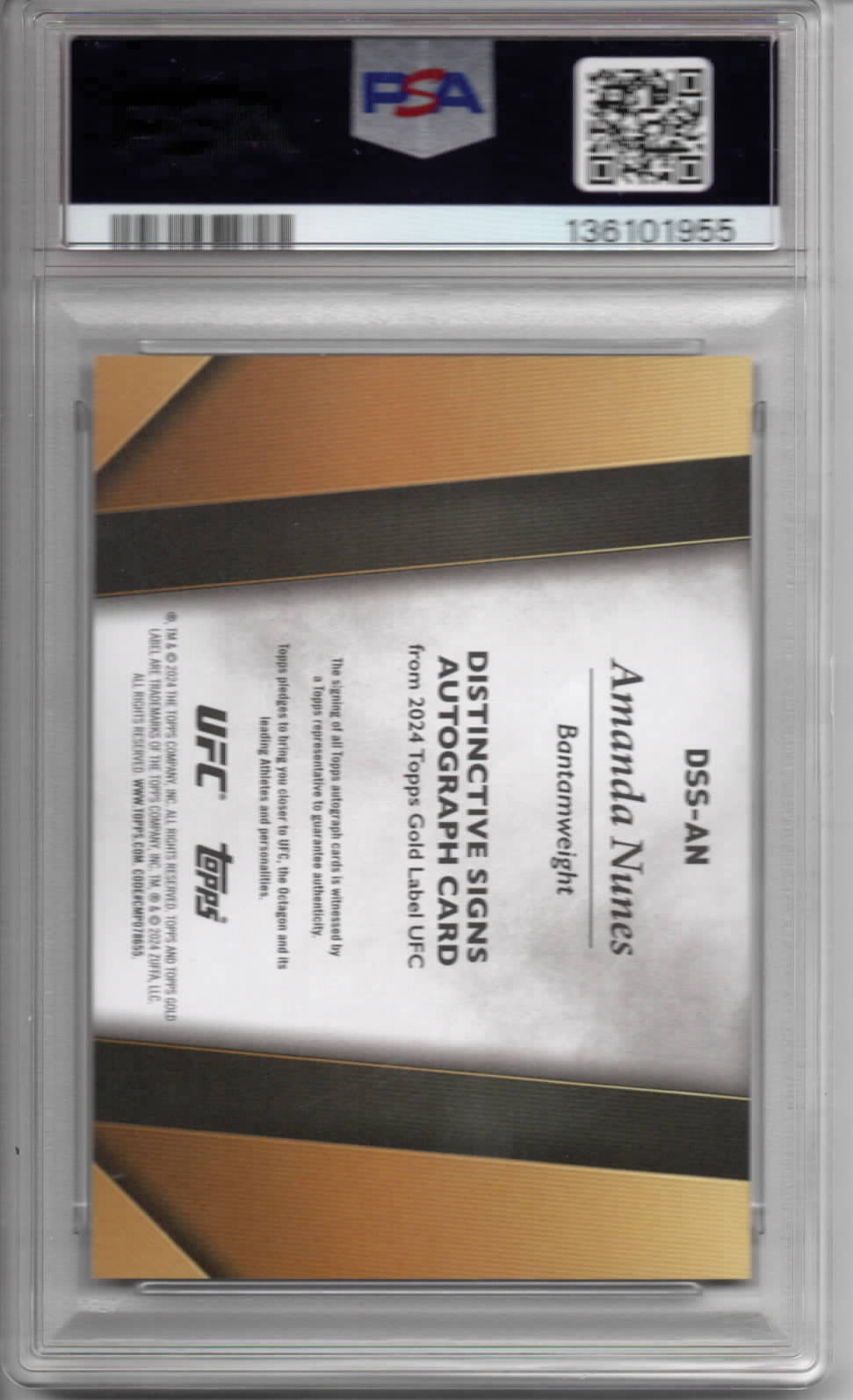 UFC - Topps Gold Label - Amanda Nunes - AUTOGRAPHED and SERIALIZED Distinctive Signs - 10/99 - #DSS-AN - PSA 8 - NM/M