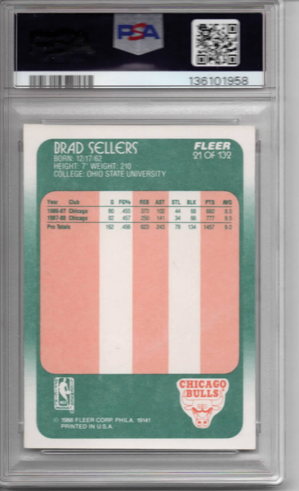 NBA - 1988 Fleer - Brad Sellers - #21 - NEAR MINT - PSA 7