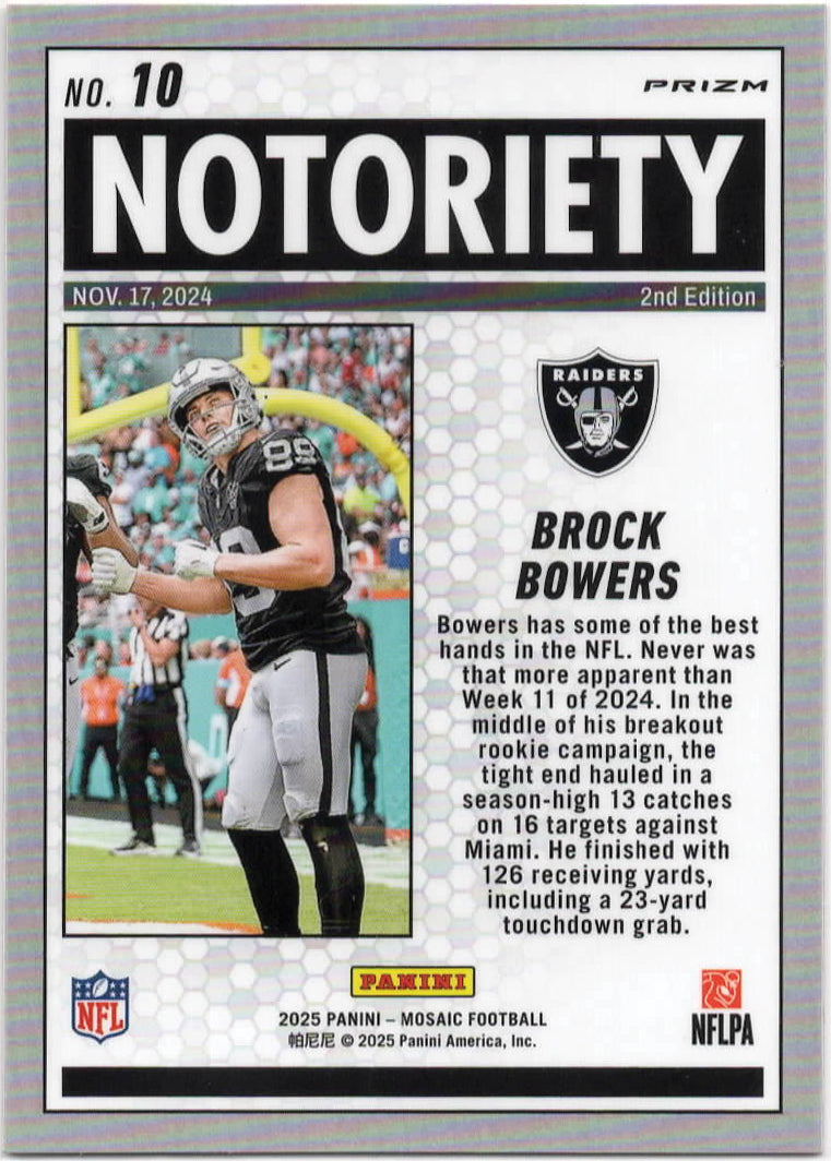 NFL - 2025 Panini Mosaic - Brock Bowers Orange Fluorescent NOTORIETY Prizm - 10 - Mint