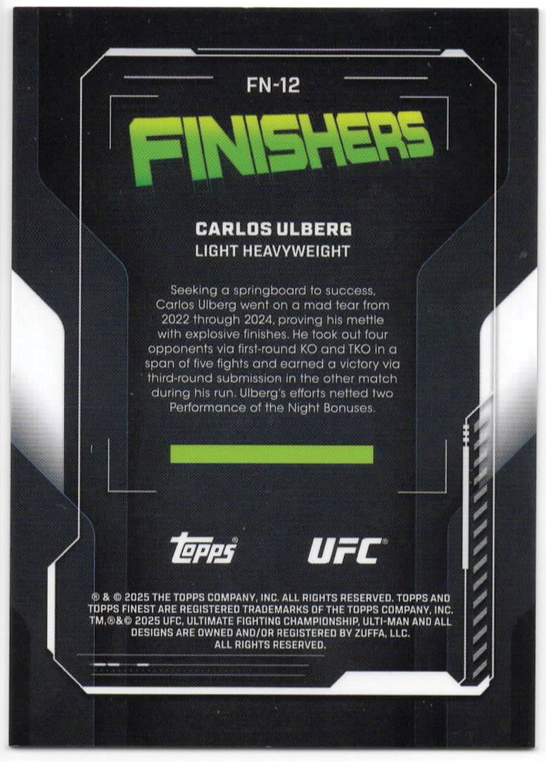 UFC - 2025 Topps Finest - Carlos Ulberg Finishers- SERIALIZED - 18/50 - #FN-12 - Mint