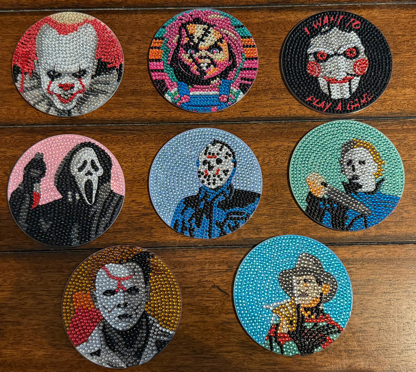 Horror Villain Themed Diamond Painted Coasters - Set of 8 - Includes Holder