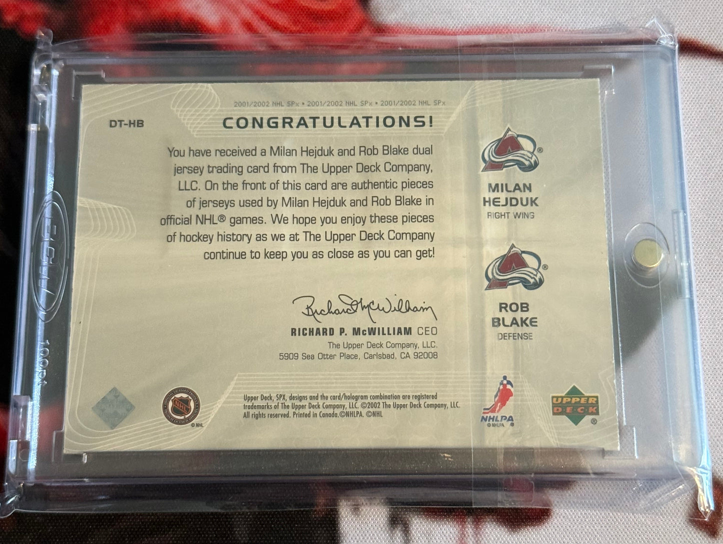 NHL - 2001/2002 Upper Deck SPX - Hejduk and Blake Dual Hidden Treaures Jersey Relic - #DT-HB - NM/M