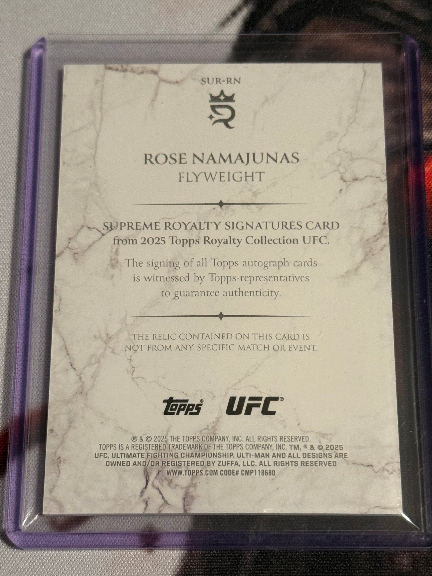 UFC - 2025 Topps Royalty- Rose Namajunas Supreme Royalty SERIALIZED PATCH AUTO /25 - #SUR-RN - NM+/M