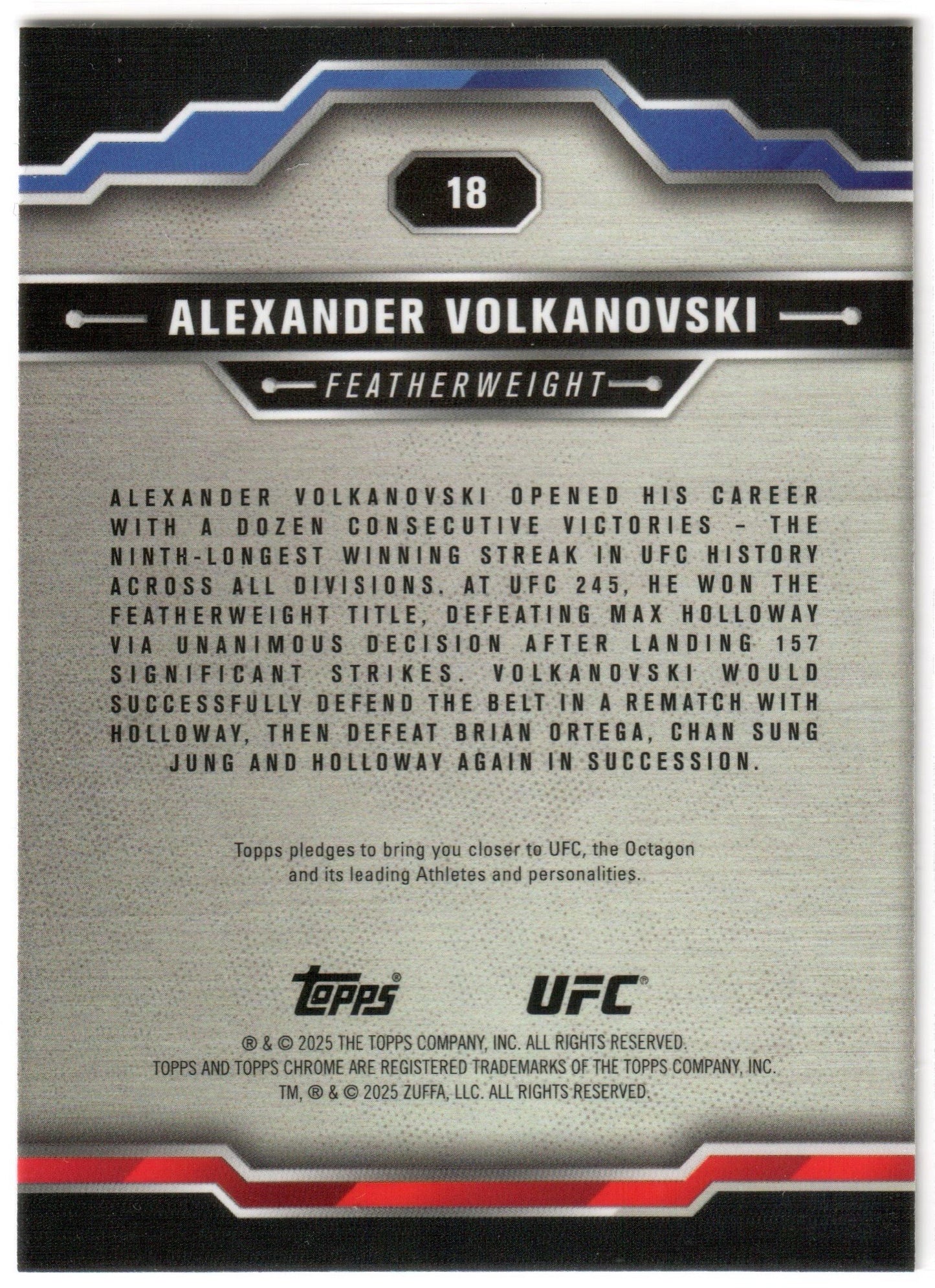 UFC - 2025 Topps Chrome - Alexander Volkanovski - X-FRACTOR - #18 - NM