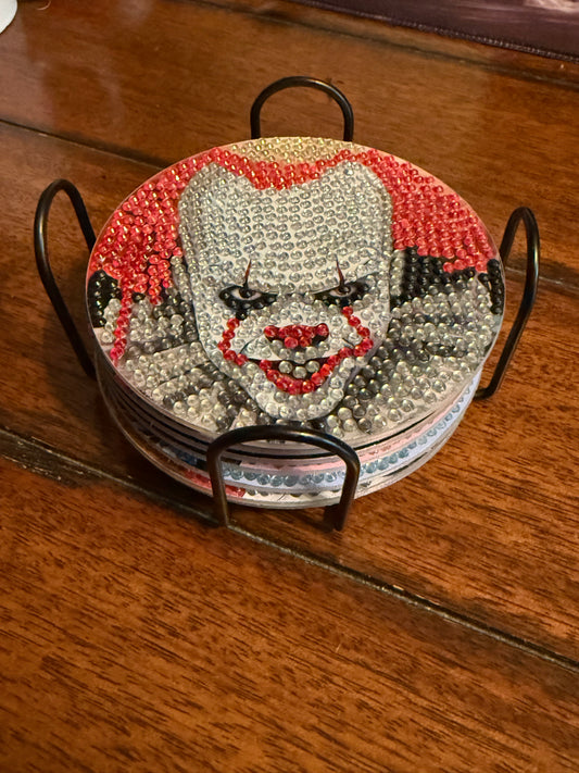 Horror Villain Themed Diamond Painted Coasters - Set of 8 - Includes Holder