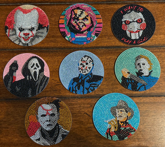 Horror Villain Themed Diamond Painted Coasters - Set of 8 - Includes Holder
