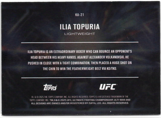 UFC - 2025 Topps Knockout - Ilia Topuria - Knockout Artist Blue SERIALIZED - 10/50 - #KA-21 - Near Mint