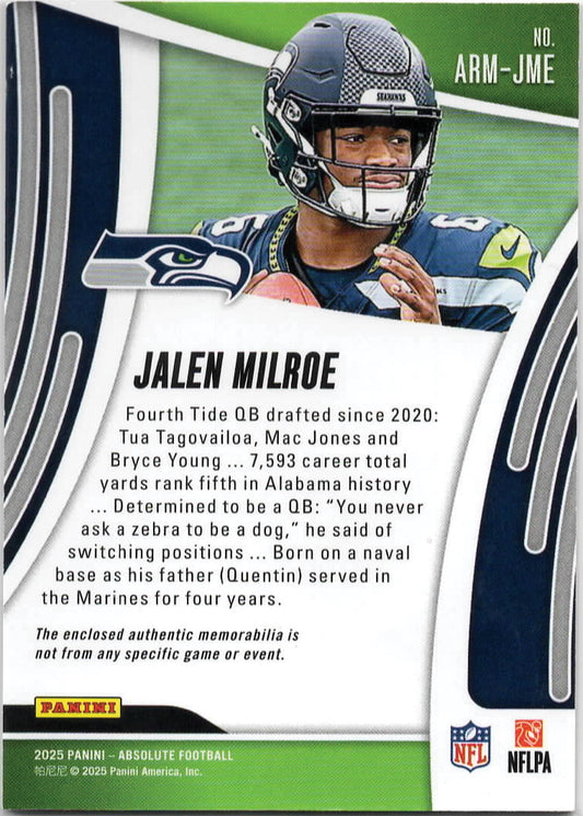 NFL - 2025 Panini Absolute - Jalen Milroe ROOKIE RELIC - ARM-JME - Mint