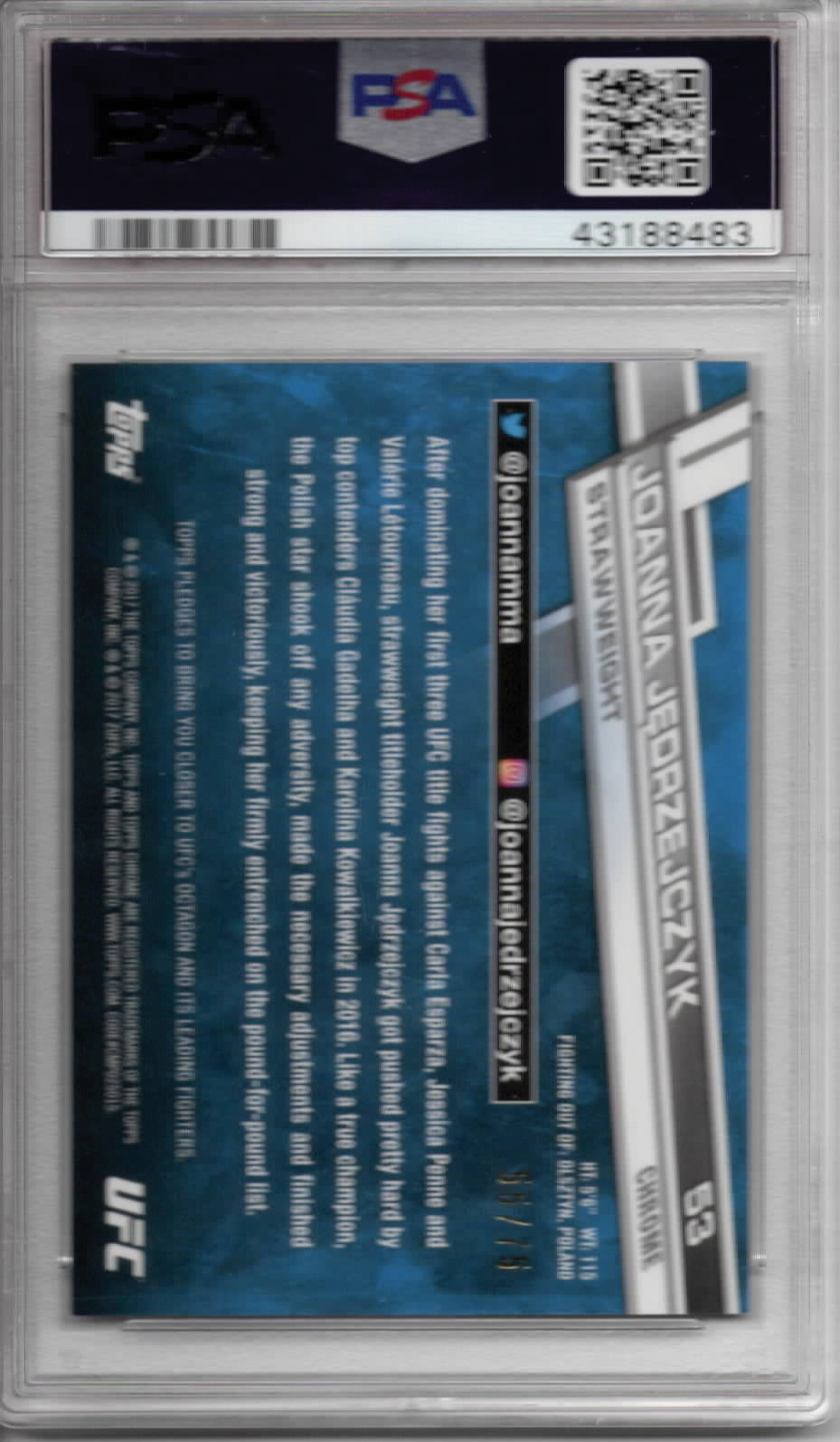 UFC - 2017 Topps Chrome - Joanna Jedrezejczyk - Blue Wave Refractor 55/75 - #53 - GEM MINT PSA 10