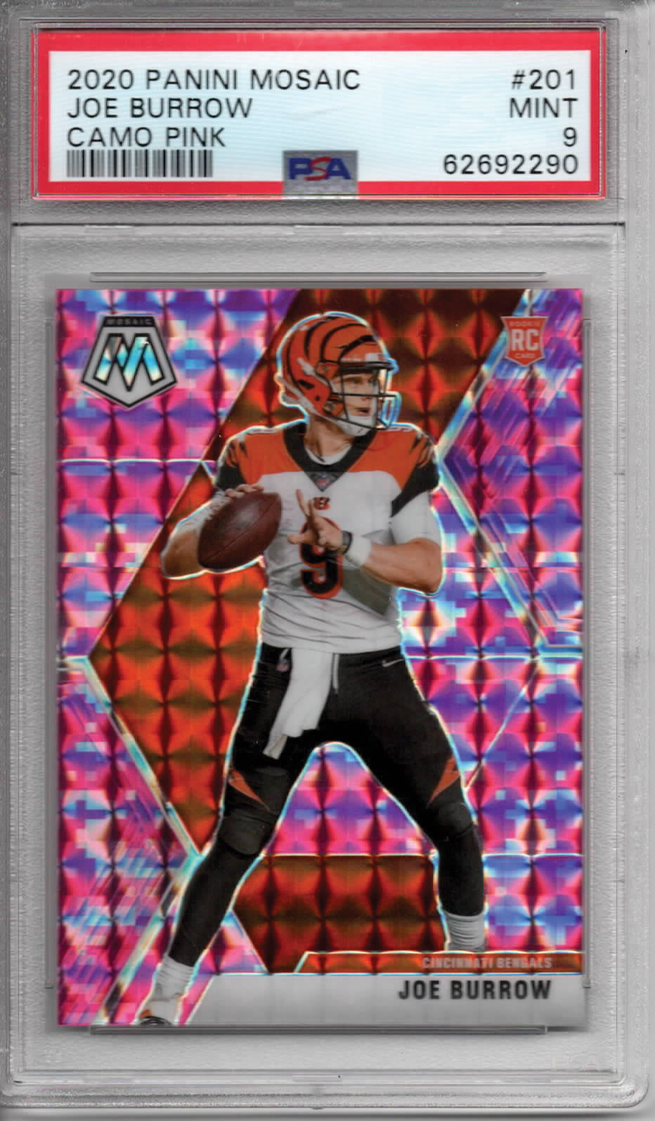 NFL - 2020 Panini Mosaic - Camo Pink Joe Burrow Rookie Card - #201 - MINT - PSA 9