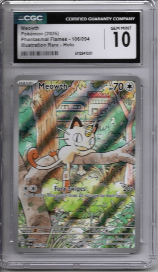 Pokemon TCG - Meowth - 2025 Phantasmal Flames - Illustration Rare #106/094 - GEM MINT - CGC 10