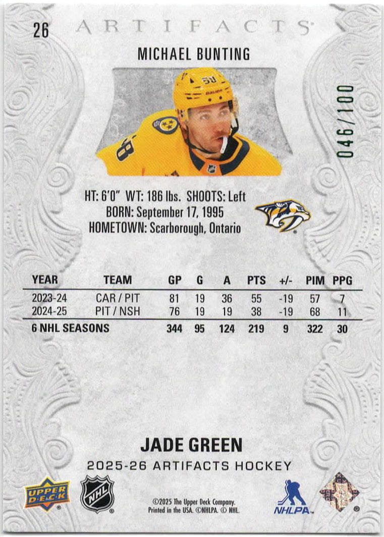 NHL - 2025/2026 Upper Deck Artifacts - Michael Bunting Jade Green - 46/100 - #26 - Mint