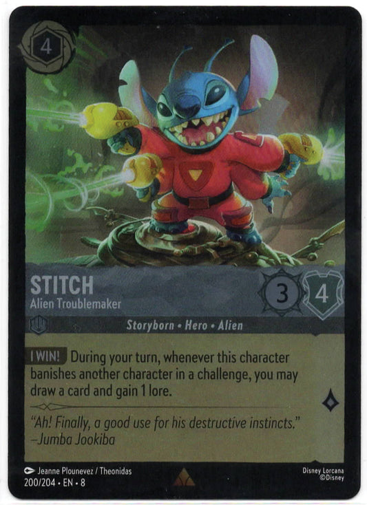Lorcana - Stitch - Alien Troublemaker COLDFOIL - 200/204 - RARE - Reign of Jafar - Mint/Near Mint
