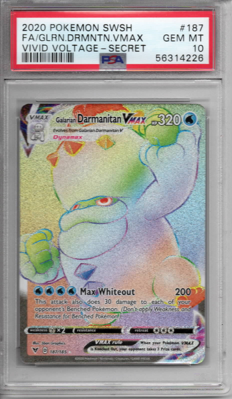 Pokemon TCG - 2020 Sword & Shield - Galarian Darmanitan VMAX Vivid Voltage Secret - #187/185 - GEM MINT - PSA 10