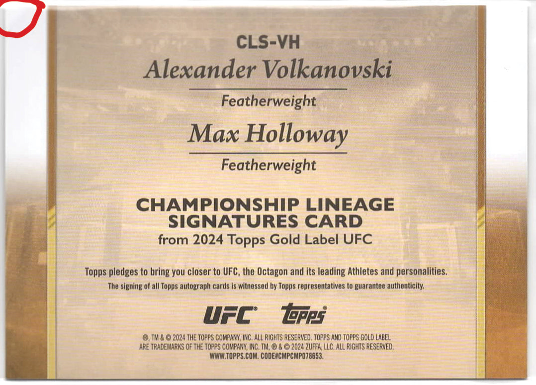 UFC - 2024 Topps Gold Label - Championship Lineage: Alexander Volkanovski and Max Holloway  DUAL AUTO, NUMBERED - 5/25 - #CLS-VH - VG